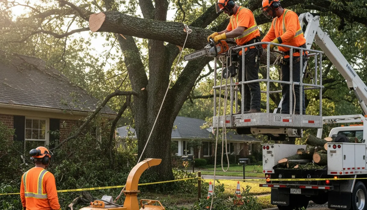 Emergency tree service crew in Saint Louis, MO removing storm-damaged fallen trees safely