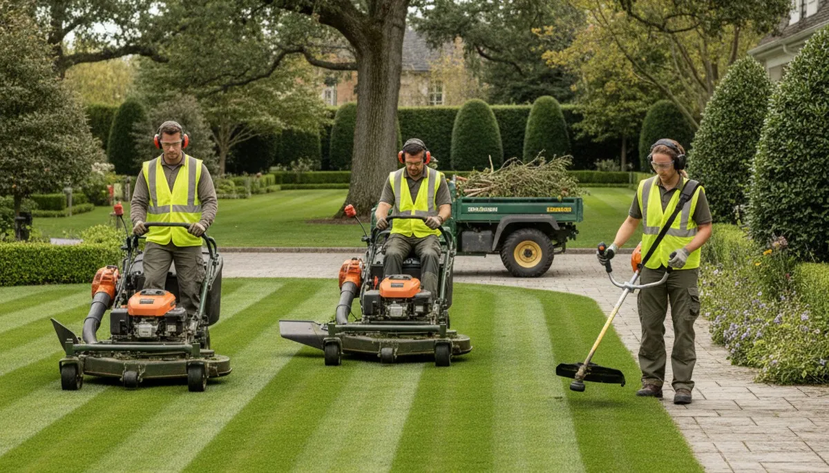 Professional tree service crew in Saint Louis, MO providing trimming and lawn care for a tidy yard