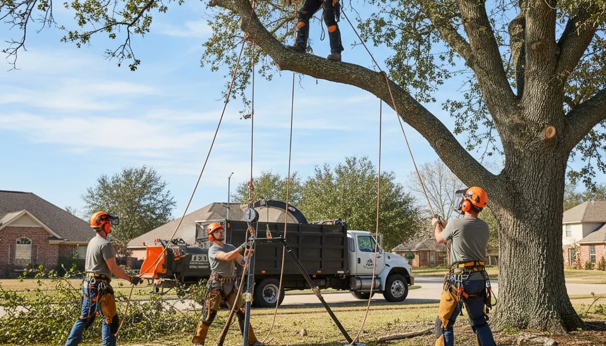 Saint Louis, MO tree removal crew safely removing a dangerous tree from a residential property