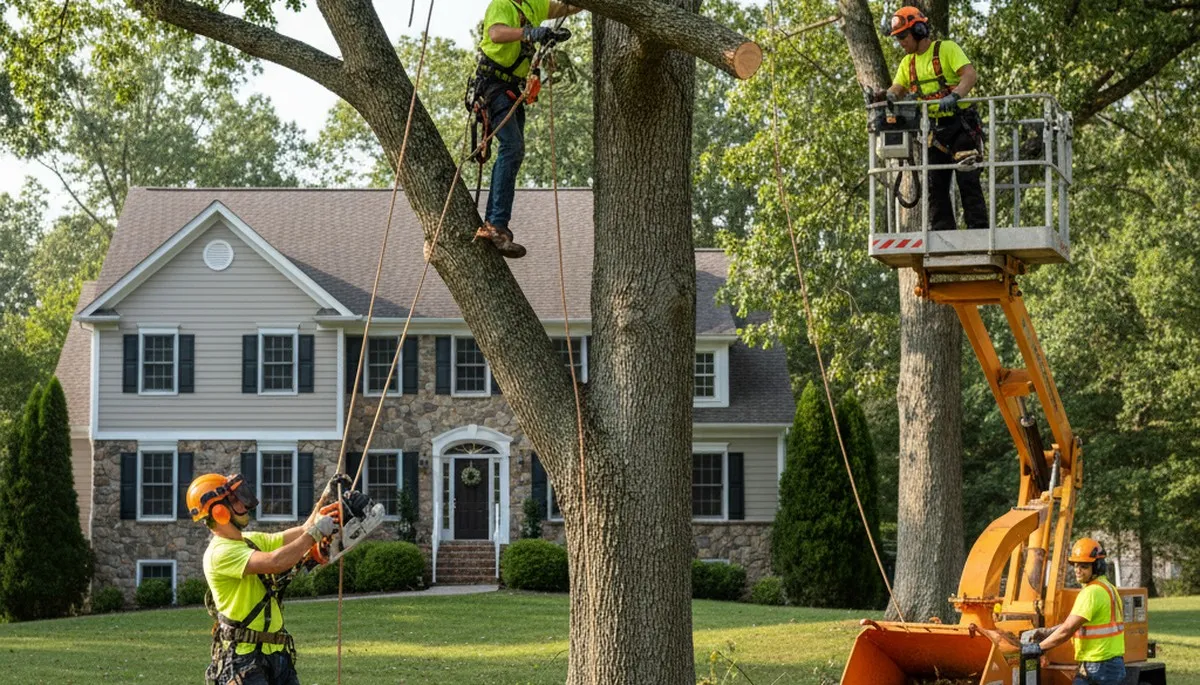 Tree service crew trimming trees in Saint Louis, MO for safe, professional property care