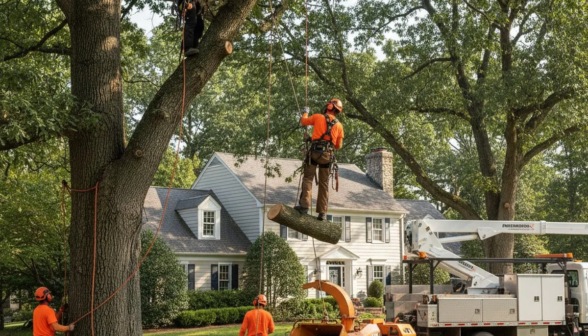 Professional tree service crew in Saint Louis, MO trimming and removing trees for safe property care