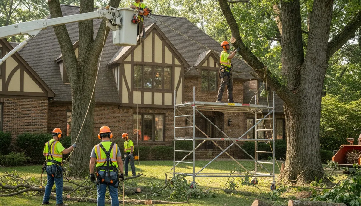 Tree service crew in Saint Louis, MO trimming trees for residential property safety and care