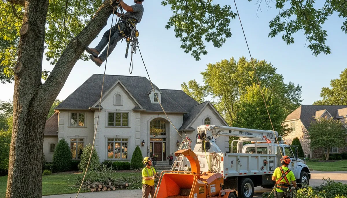 Tree service crew trimming and pruning trees in Saint Louis, MO