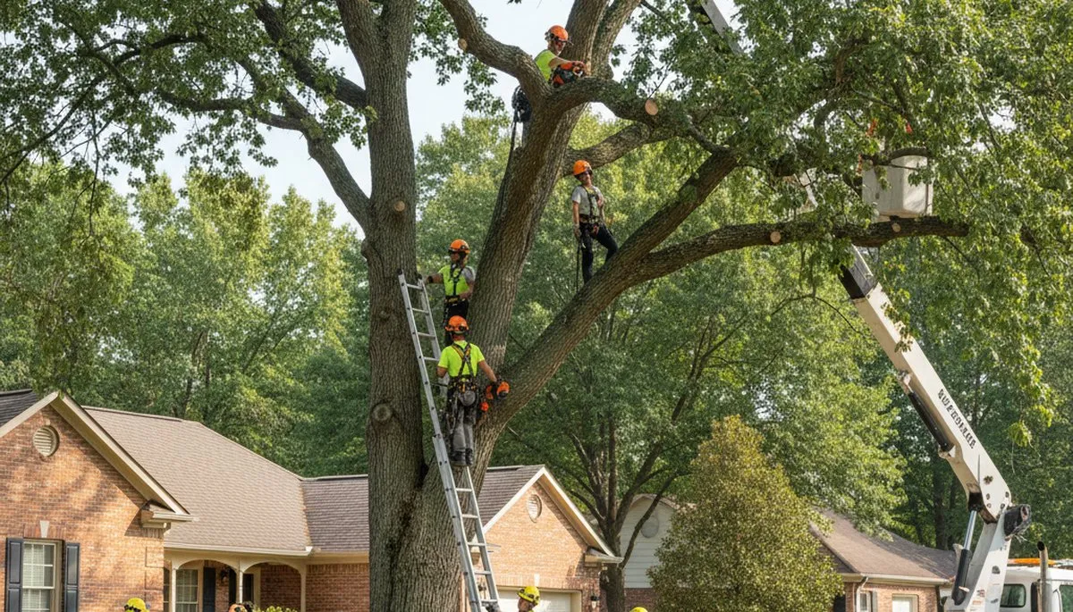 Tree service crew trimming tree branches in Saint Louis, MO for safe, professional maintenance