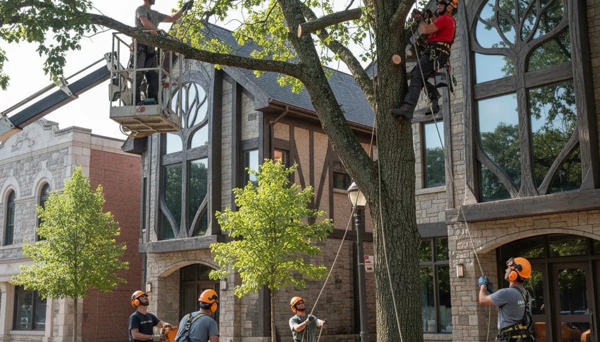 Professional tree service crew in Saint Louis, MO trimming trees for safe, neat landscaping