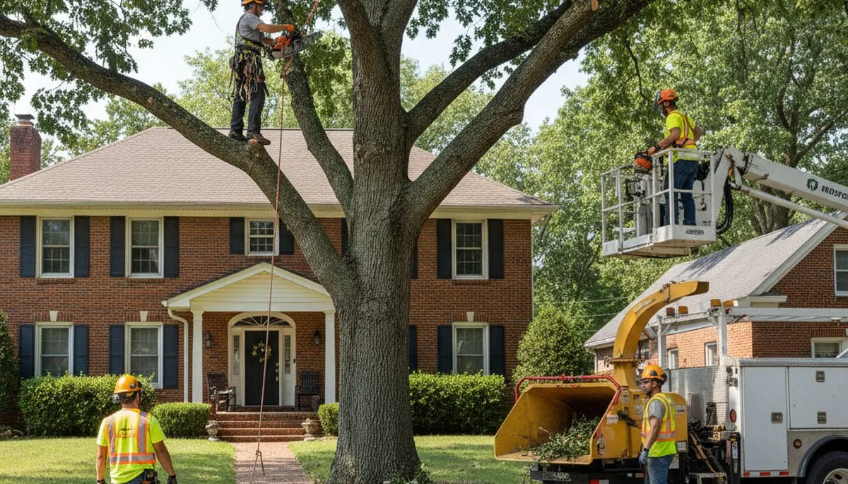 Tree service crew in Saint Louis, MO trimming trees for safe, professional property care