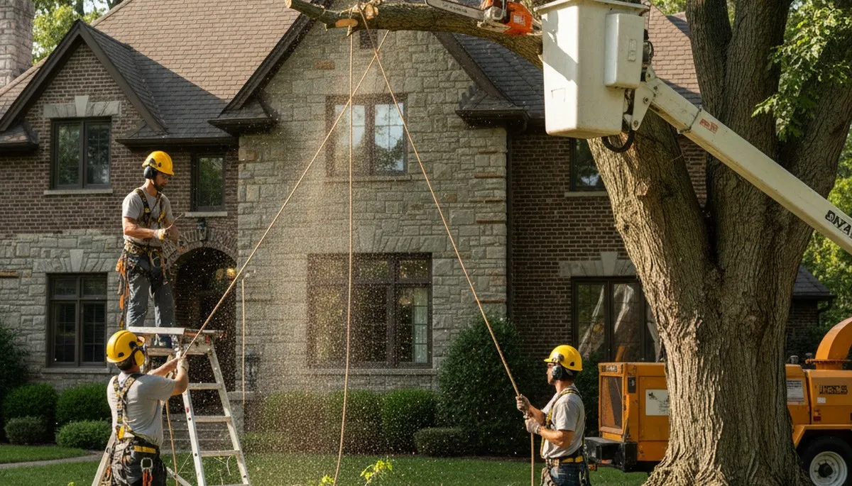 Tree service crew in Saint Louis, MO trimming and removing a tree safely for a residential property
