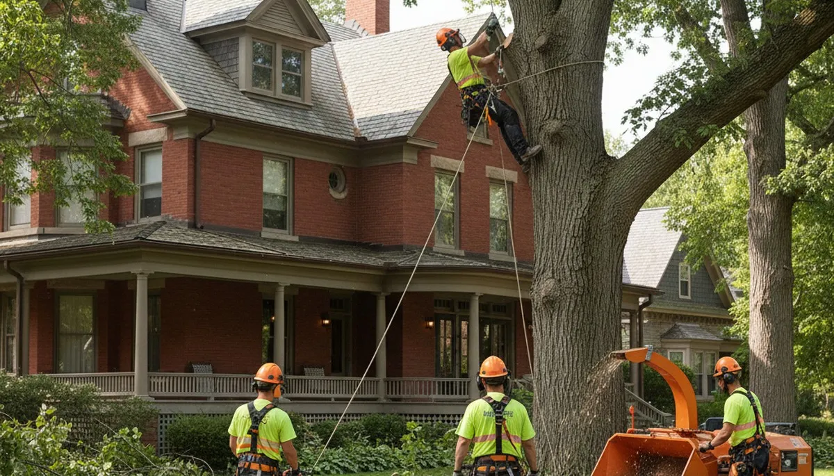Tree service crew trimming trees in Saint Louis, MO for safe, professional property maintenance