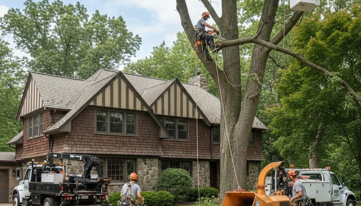 Tree service crew trimming trees in Saint Louis, MO for safe, professional property care