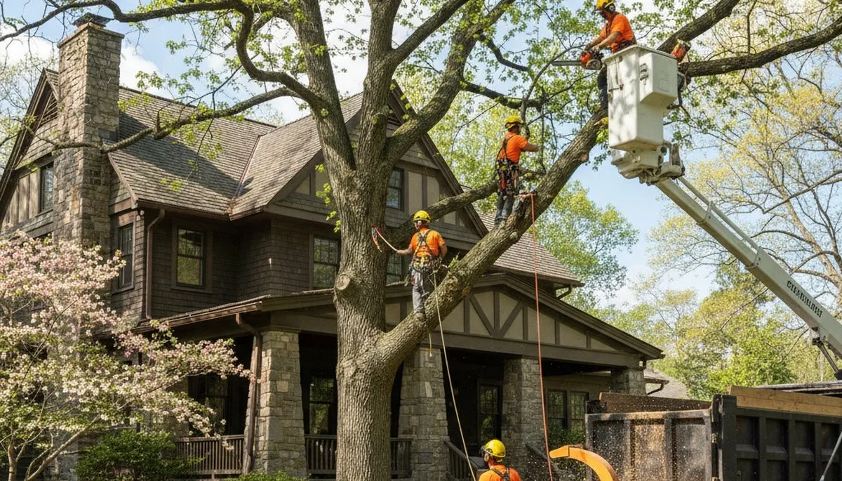 Tree service crew trimming trees in Saint Louis, MO for safe, professional property care