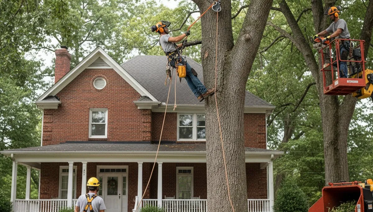 Tree service crew trimming trees in Saint Louis, MO for safe, professional property maintenance