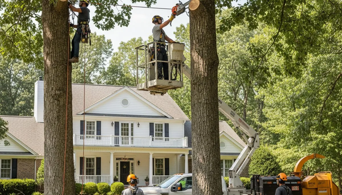 Tree service crew trimming a tree in Saint Louis, MO for safe, professional maintenance